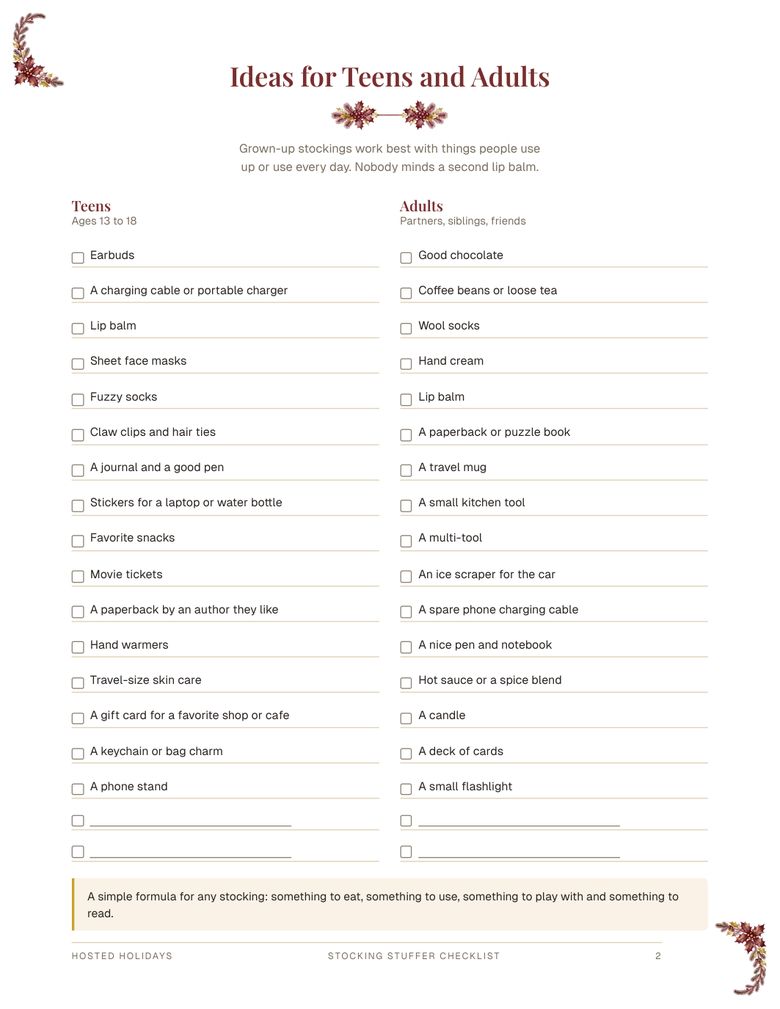 Page 2 of Stocking Stuffer Checklist
