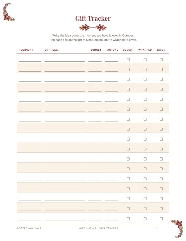 Page 2 of Gift List & Budget Tracker