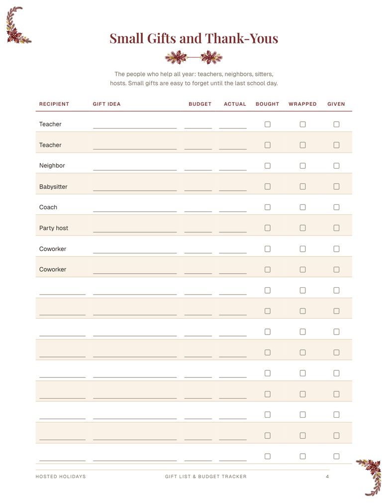 Page 4 of Gift List & Budget Tracker