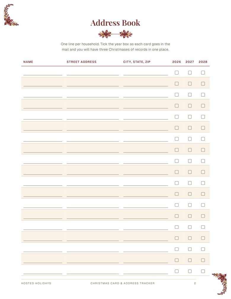 Page 2 of Christmas Card & Address Tracker