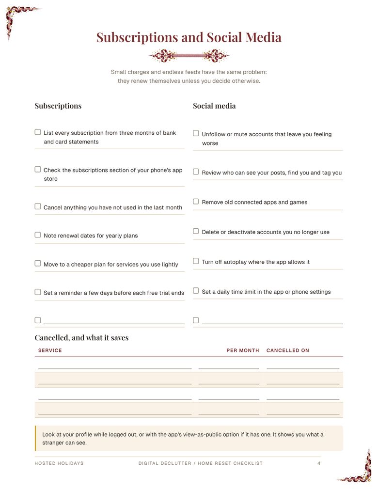 Page 4 of Digital Declutter / Home Reset Checklist