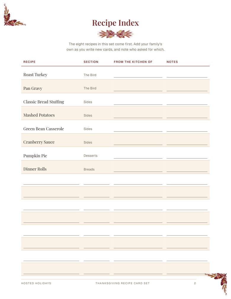 Page 2 of Thanksgiving Recipe Card Set