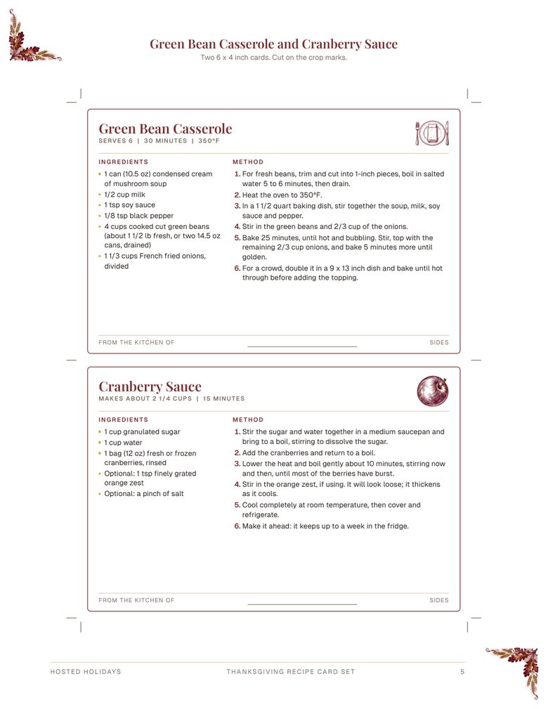 Page 5 of Thanksgiving Recipe Card Set