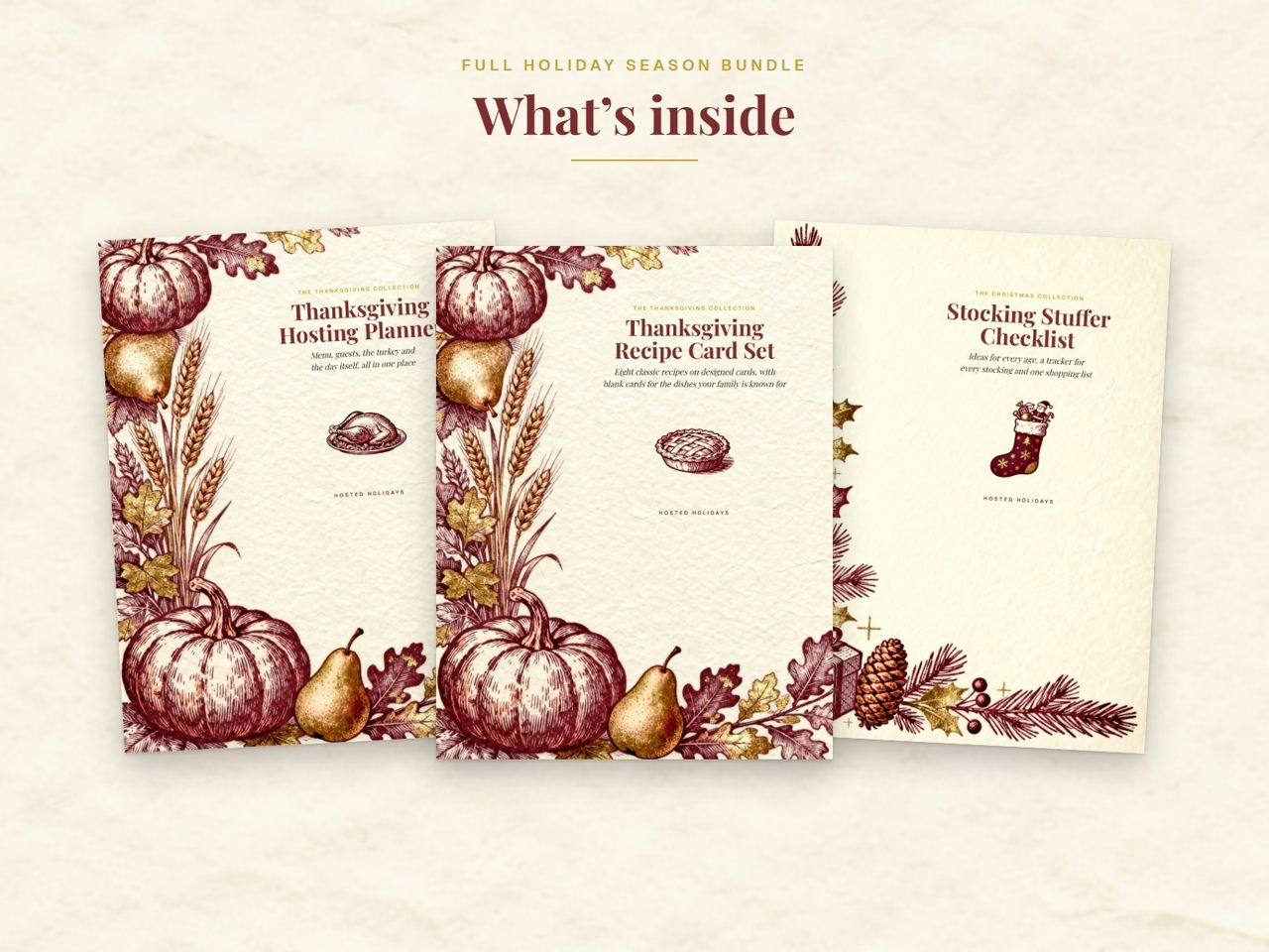 Pages from the full holiday season bundle laid out on a table